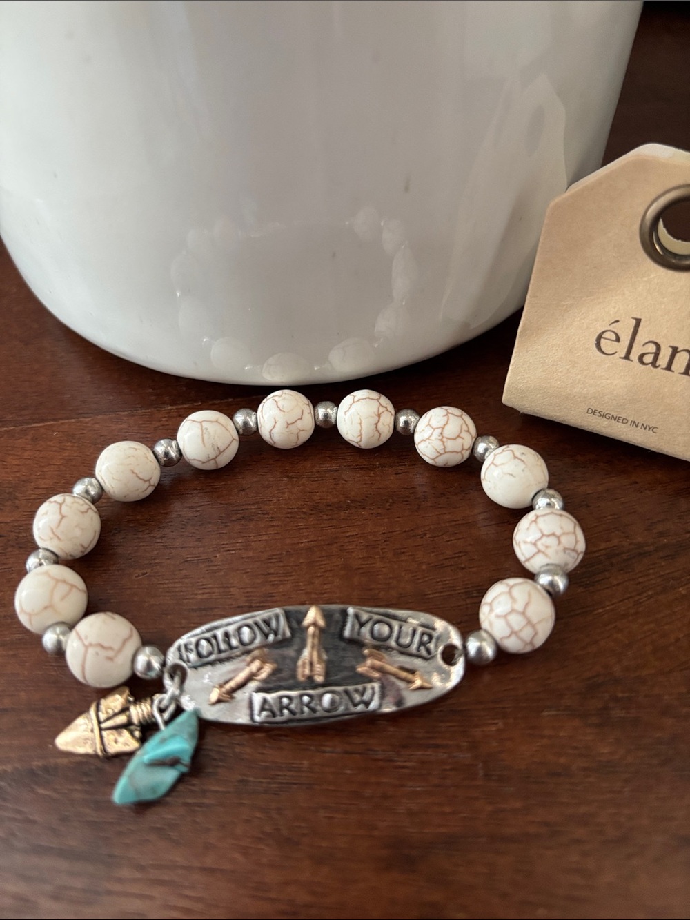 Elan Silvertone Follow Your Arrow Plaque,ivory bead,turquoise & arrow charms